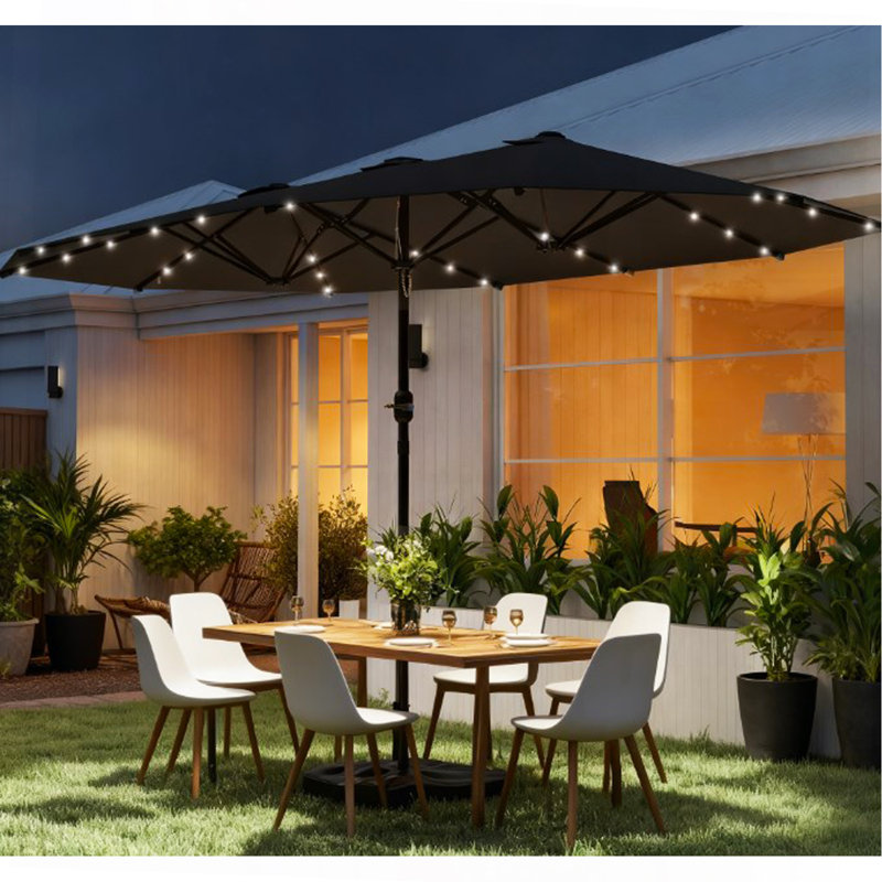 Parasol à double face facile à utiliser avec base, parasol de patio avec lumières solaires à DEL, parasol à double face Parasol
