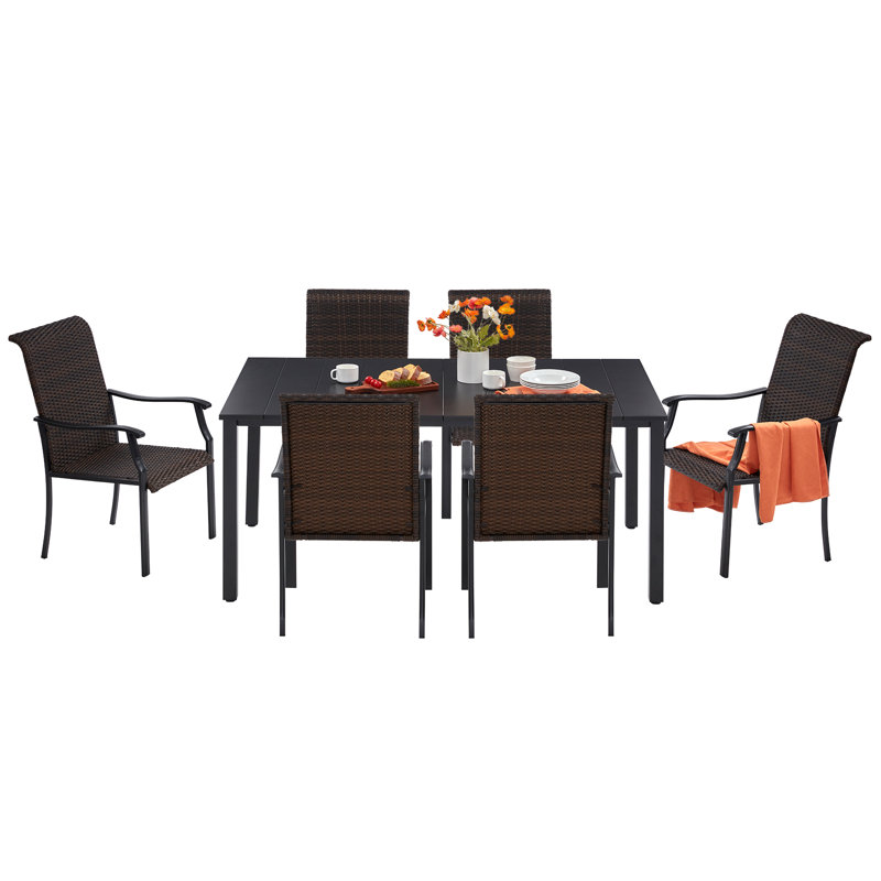 6 - Person Patio Dining Set with Rectangular Table, Black, Brown