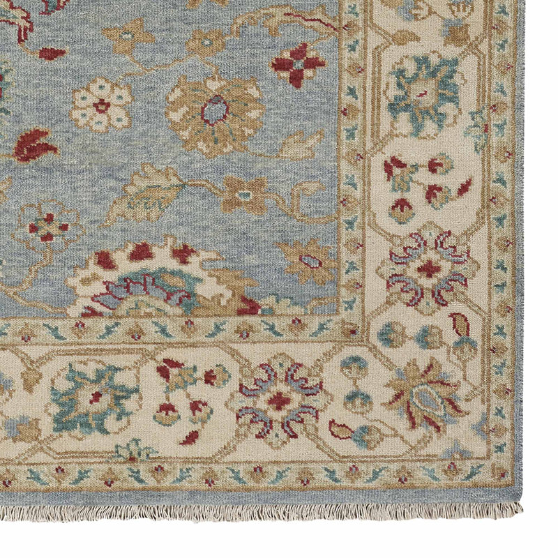 Sarah Hand-Knotted Wool Blue Beige Area Rug, Rectangle 8' x 10'
