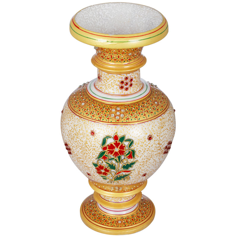 Vase en marbre blanc fabriqué à la main 12 po avec incrustation de pierres précieuses