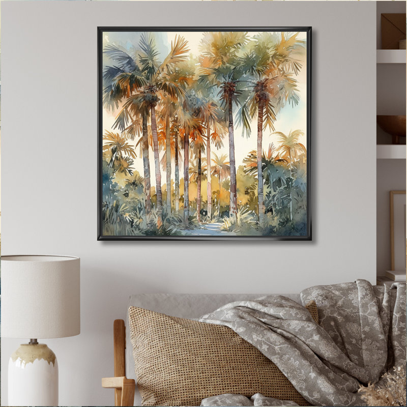 «Green Palm Tree Paradise III - Palm Trees», reproduction d'art sur toile, H 16 po x l 16 po x P 1 po, Cadre flottant noir