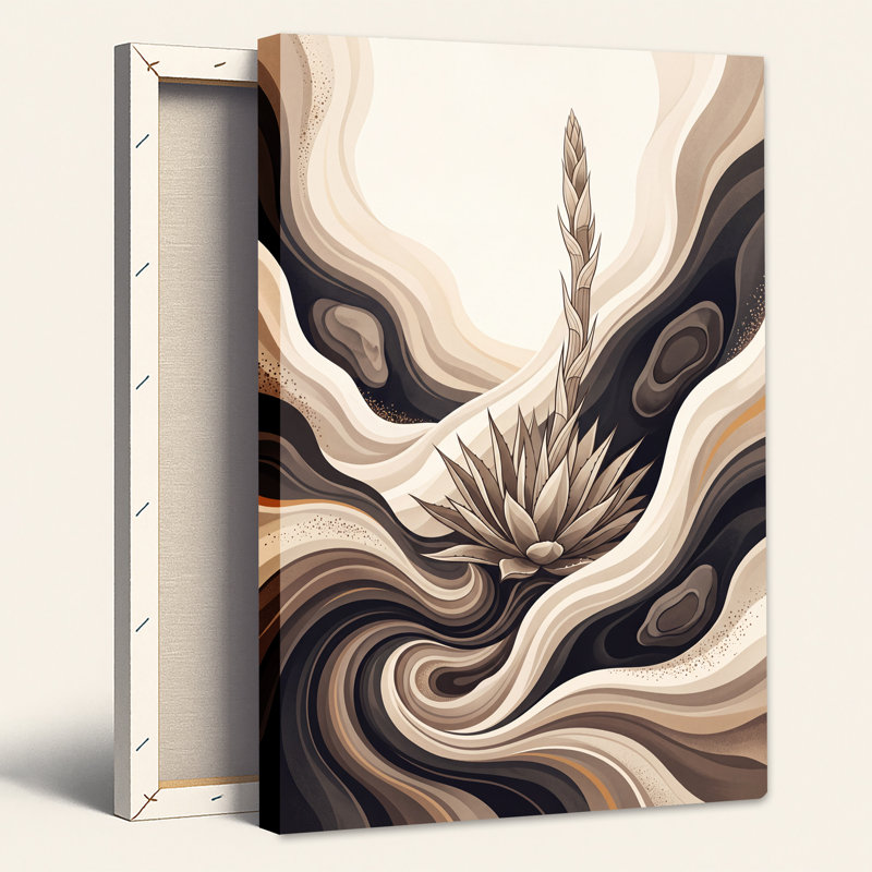 Art mural stylisé agave sur fond ondulé de vagues brunes et brunes, H 24 po x l 16 po