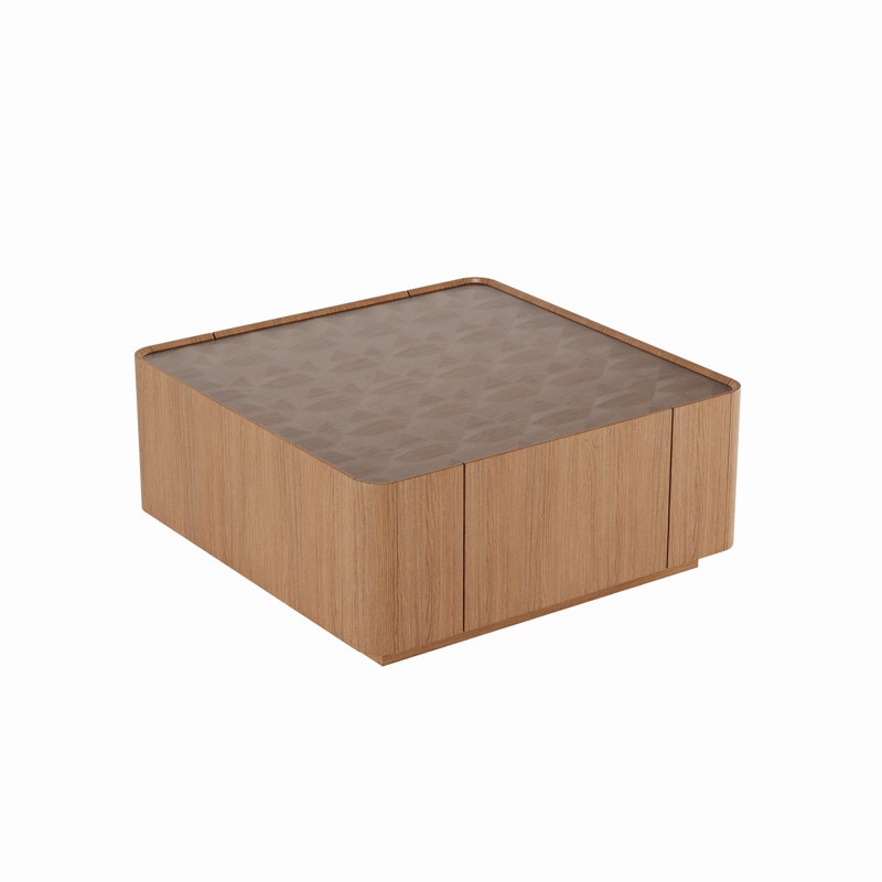 Table basse carrée en bois moderne avec plateau en verre, tiroirs de rangement et finition noyer pour le salon et le bureau | Idée de cadeau