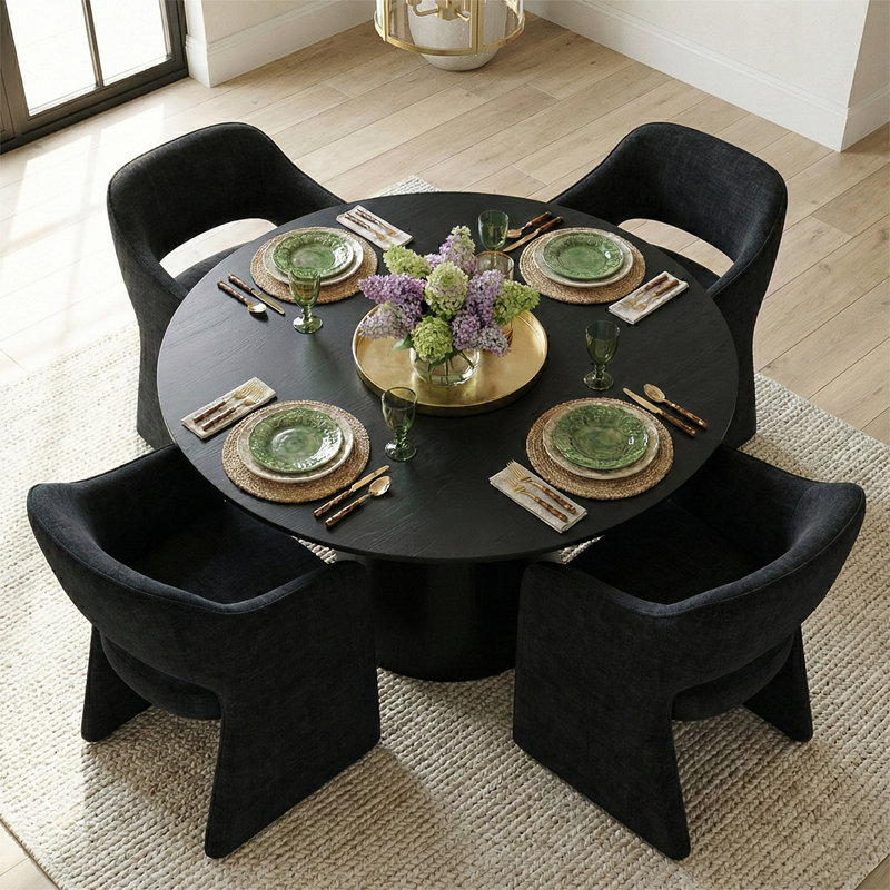 Ensemble de table de salle à manger pour 4 personnes avec table ronde et 4 chaises rembourrées, Noir, Noir