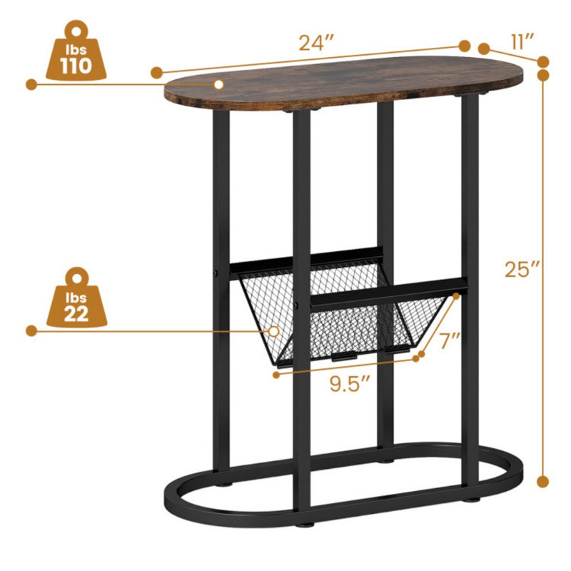 Table d'appoint ovale industrielle à 2 niveaux avec tablette en filet