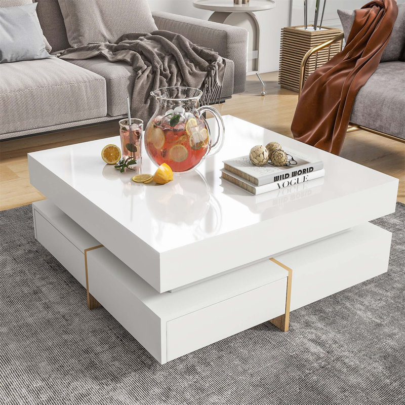 Table basse moderne à haute brillance avec 4 tiroirs, table basse carrée multi-rangement pour le salon, 31,5 po x 31,5 po