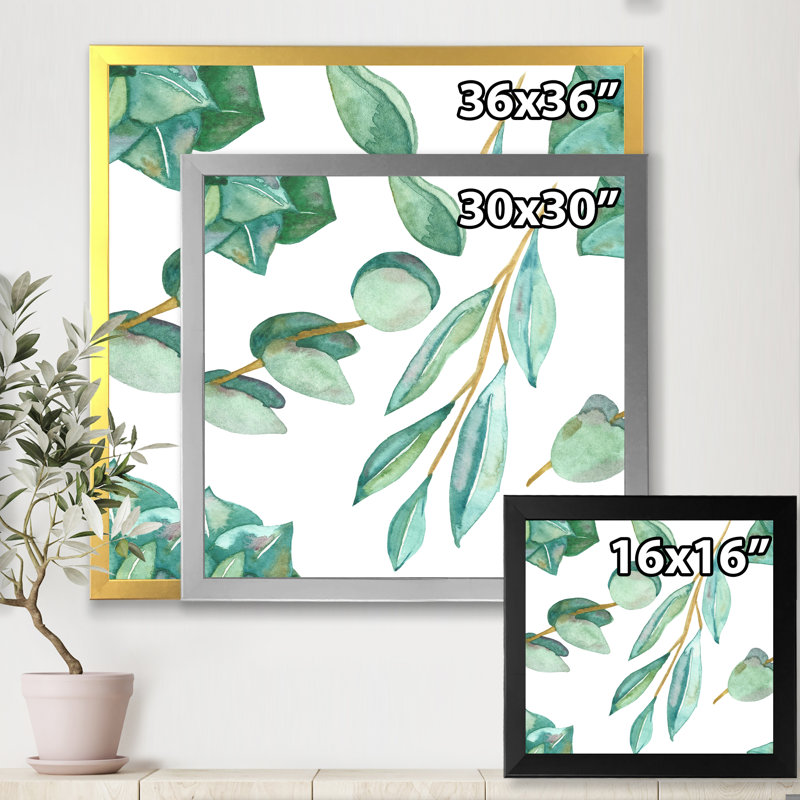 Jeunes feuilles d'eucalyptus et branches III - Peinture sur toile encadrée, Toile blanche encadrée