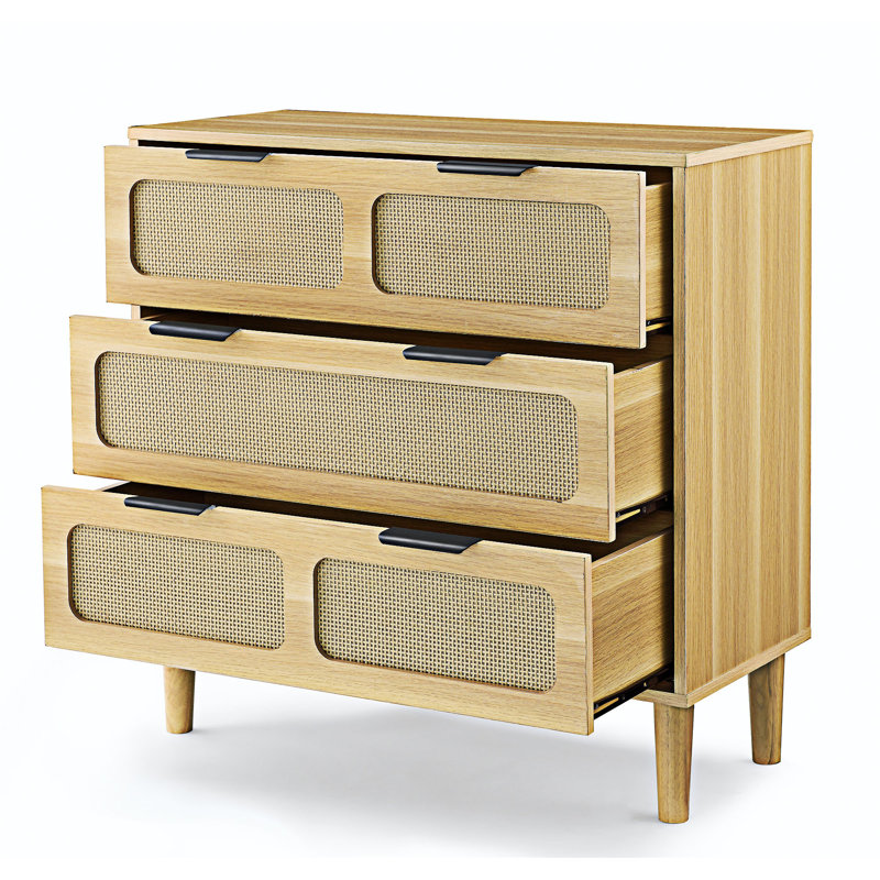Commode moderne en rotin à 3 tiroirs, Bois naturel