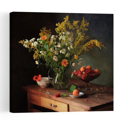 «Summer Wildflower Still Life Colorful Rustic Vibrant Daisy Fruit Nature», reproduction d'art murale