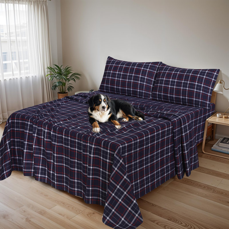 Yankees Blue Plaid Full Cotton Flannel Bed Sheet Set