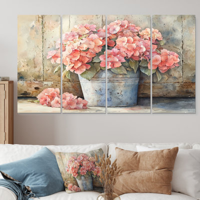 Hortensias dans un seau en étain III - Art mural hortensia - décoration murale traditionnelle