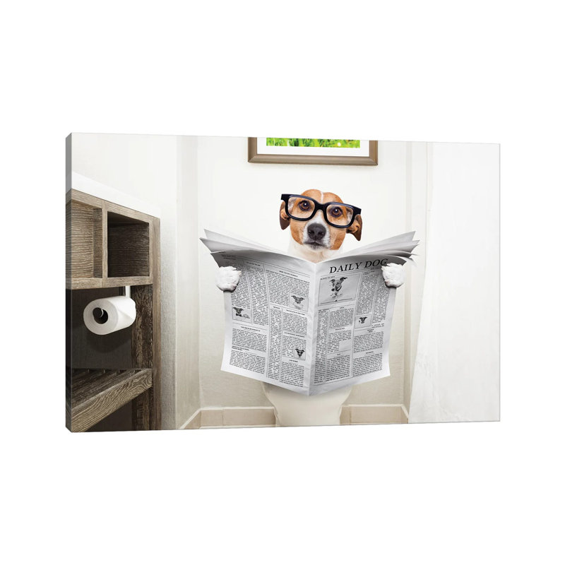 Dog On Toilet Seat Reading Newspaper I by Damedeeso - Print on Canvas, 30.48cm H x 45.72cm W x 1.91cm D, Wrapped Canvas