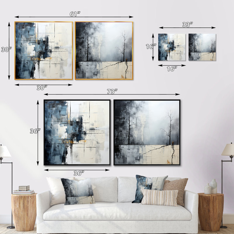 «Winter Abstract Landscape», 2 pièces, Cadre flottant noir, H 16 po x l 33 po