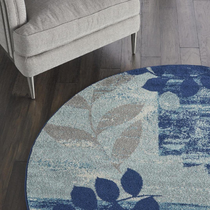 Tapis bleu à motif floral Leeming, Rond 5 pi 3 po