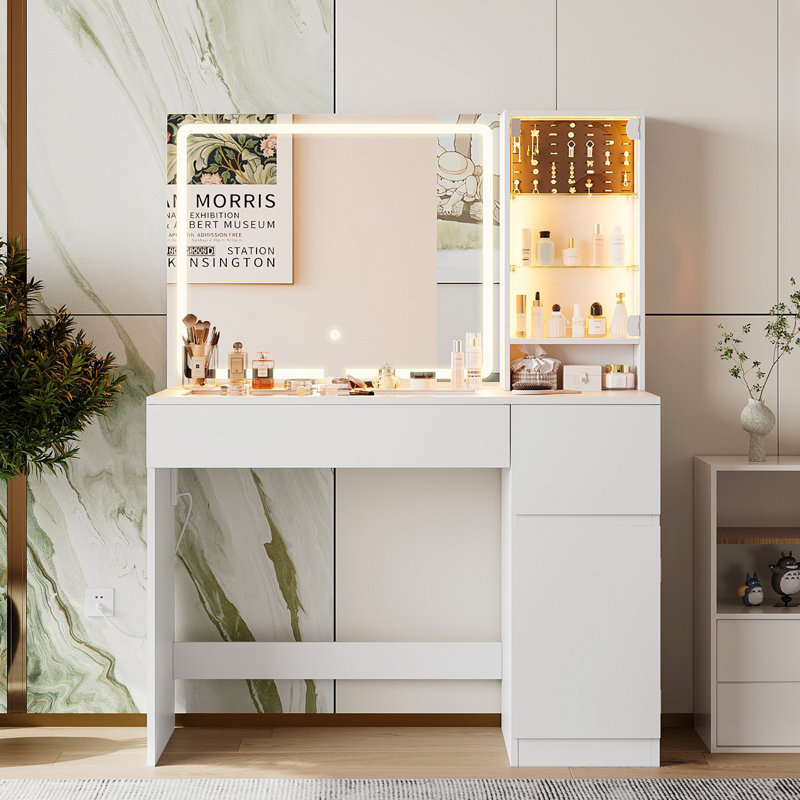 Terical Makeup Vanity with Glass Table and Charging Station, Vanity Table with Lighted Mirror, Drawers and Cabinet for Bedroom