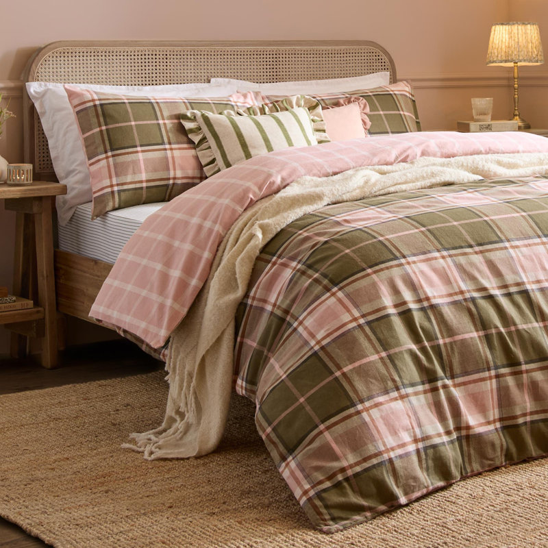 Braemar Check Cotton Chequered Duvet Cover Set, Double Bed (200x220cm)Duvet Cover + 2 Pillowcases, Pink; Green Chequered