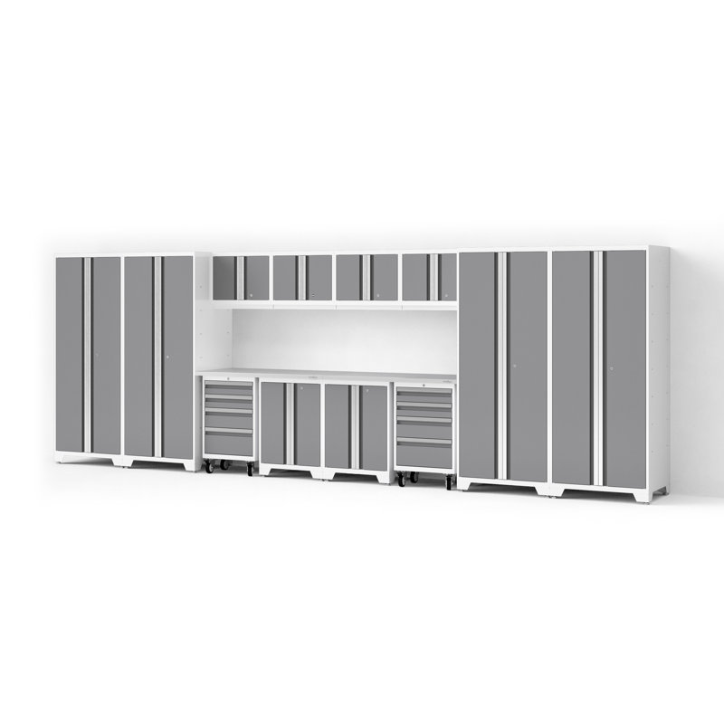 Bold XL Series Platinum 14 Piece Garage Cabinets Set With Tool, Base, Wall Cabinets, Stainless Steel Worktop And 30 In. Lockers