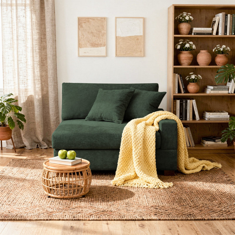 Upholstered Green Chenille Armchair with Pillow Back, One Arm Single Chair Module Part For Sectional Sofa, Chenille, Green