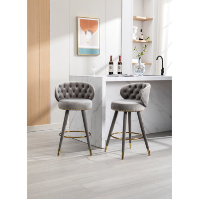 2 tabourets de bar à hauteur de comptoir, base en bois massif, pivotant à 360 degrés, coussin de siège rembourré en velours avec mousse pour un espace de cuisine confortable 2 sièges, pieds, revêtement et repose-pieds pour plus de confort
