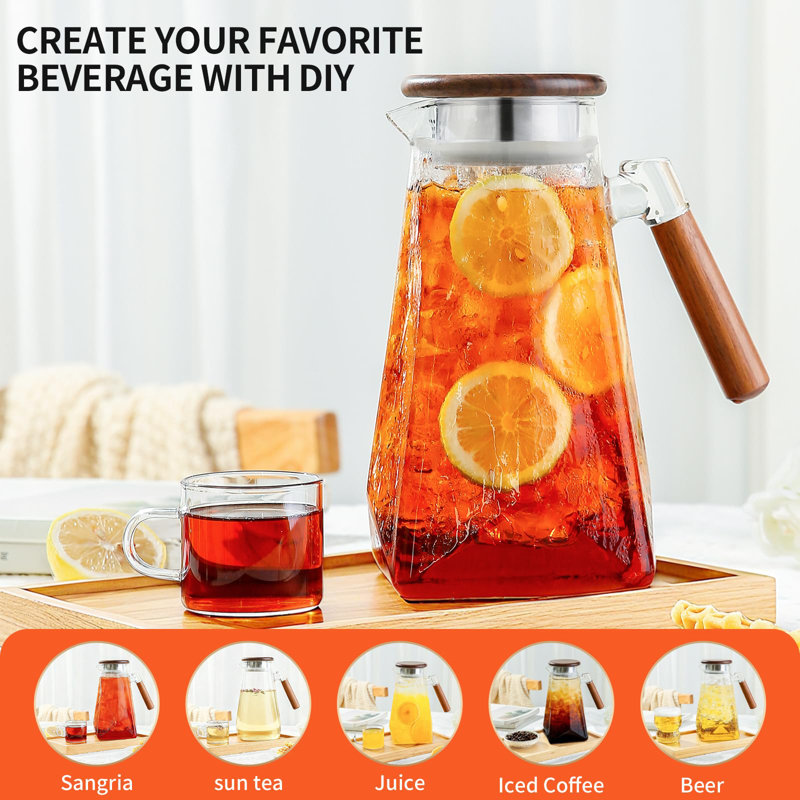Pichet en verre 1,8 litre 60 oz avec couvercle et poignée en bois - Pichet en borosilicate résistant à la chaleur avec design Trident Star, parfait pour le thé glacé, la limonade, l'infusion froide et les boissons festives (transparent, 60 oz)