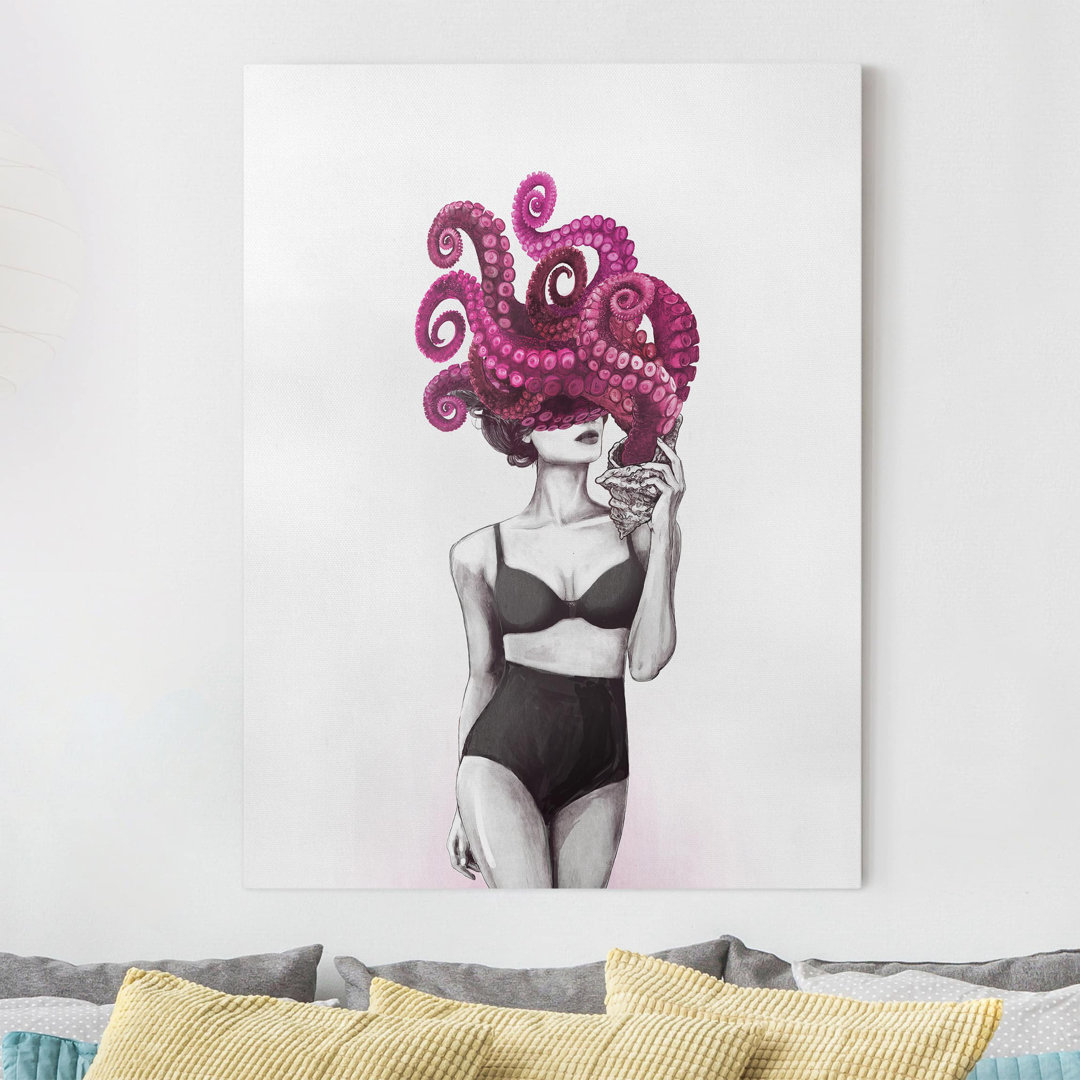 Leinwandbild Illustration Frau in Unterwäsche Schwarz Weiß Oktopus