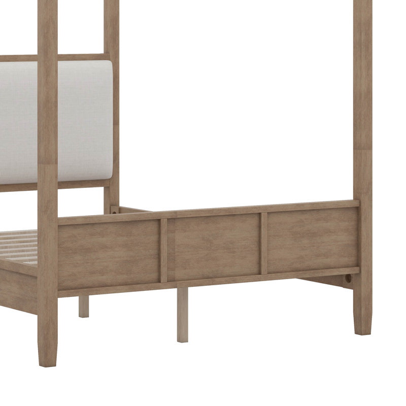 Structure de lit à baldaquin avec tête de lit tapissier en lin, lit plateforme à baldaquin en bois avec support à lattes