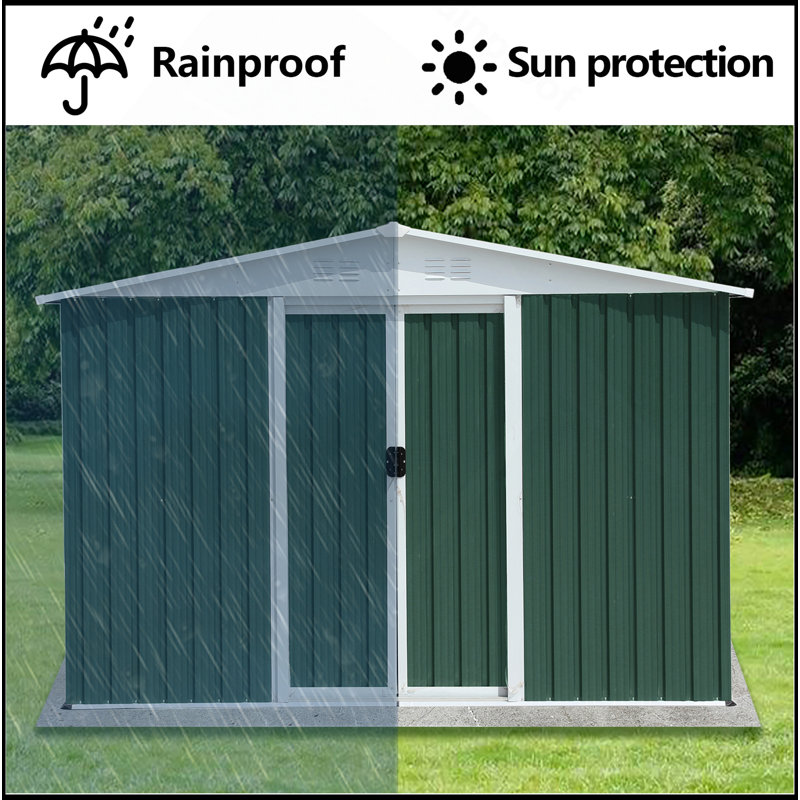 8X6 Feet Outdoor Storage Garden Shed Apex Roof Green With Aluminum Alloy Frame And Sliding Door, 72.6" H x 99.6" W x 70.4" D