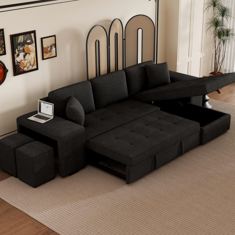 Canapé d'angle réversible moderne avec fonction couchage, méridienne de rangement et 2 poufs, gris anthracite, forme en L, rangement, design