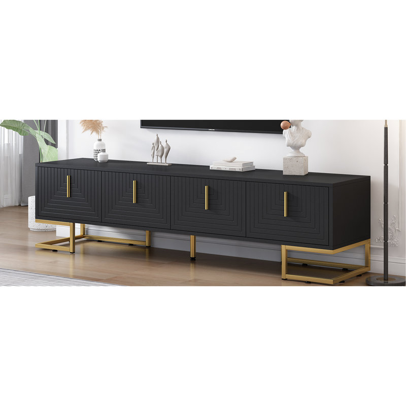 Black Tv Stand With Geometric Ornaments And Adjustable Shelves, Metal Legs Gold Handles For 80'' Tvs Feature