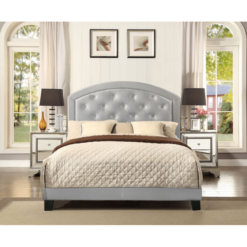 Lit plateforme touffeté avec matelas, Complète, Argent