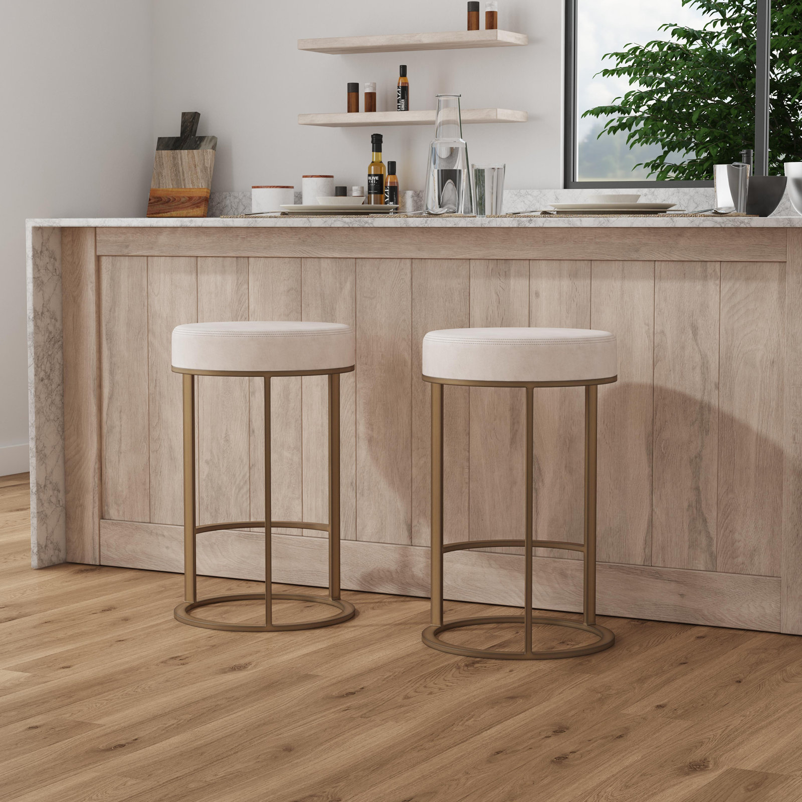 Quinn Upholstered Fabric Counter Stool, Natural Seat/Brass Frame
