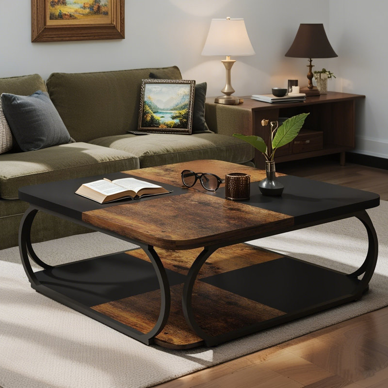 Square Coffee Table, 39.4" Central Cocktail Table with 2-Tier Shelves for Living Room, Brown/Black