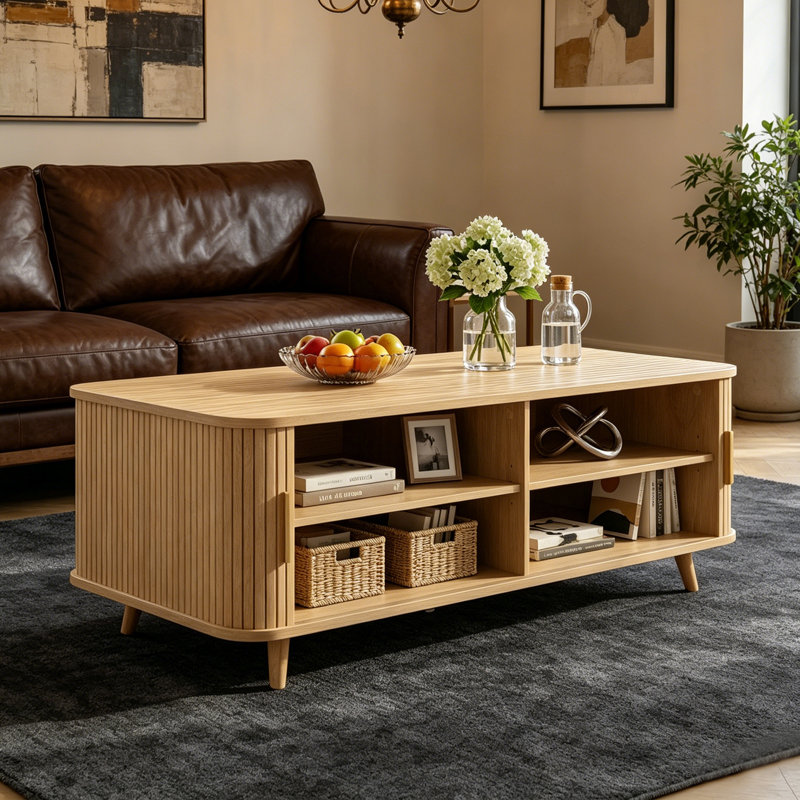 Table basse avec porte coulissante cannelée Eutiy et 4 tablettes ouvertes pour le salon, Naturel