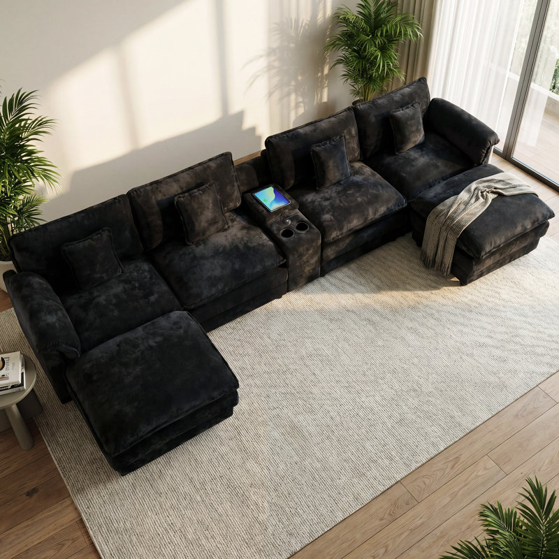 151.5"W U-Shaped Sectional With Console & Cup Holders, Black Chenille