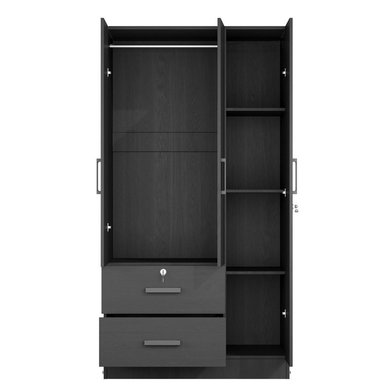  Armoire garde-robe avec deux miroirs pratiques placés sur les portes et deux tiroirs, Noir