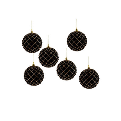 Black Velvet Christmas Ornaments With Gold Glitter Lattice, Ball Ornaments For Christmas Tree Decorations, Holiday Hanging Ornaments, 5" Diameter, Pack Of 6