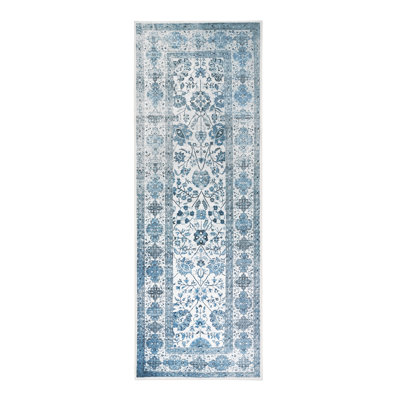 Lerik Blue Performance Flatweave Washable Floral Indoor Rug