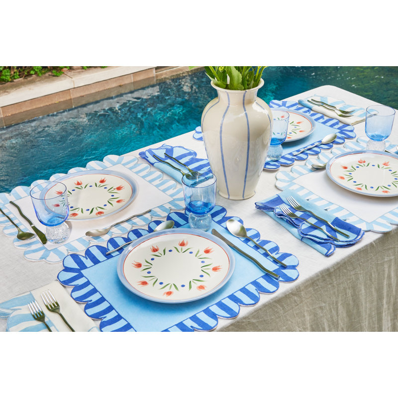 Jardin Embroidered Linen Scalloped Stripe Napkins, Amber/White