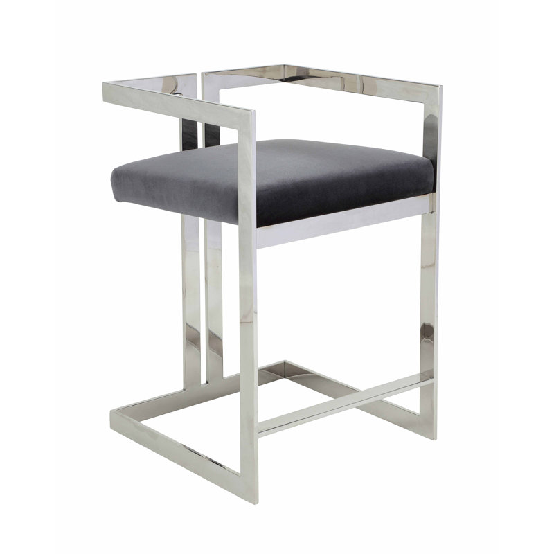     Pangea Home Counter Stool – Modern Counter-Height Upholstered Velvet Stool with Steel Metal Legs- Dining Room, Bar, Kitchen Island, and Events - Gray and Silver Counter Stool