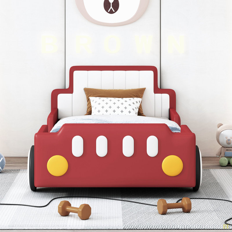 Twin Size Race Car-Shaped Platform Bed With Wheels, Red