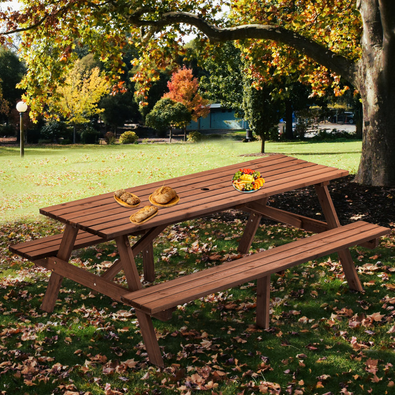 Table de pique-nique en bois brun pour 8 personnes, extérieure avec 2 sièges et bancs, capacité de 2220 lb