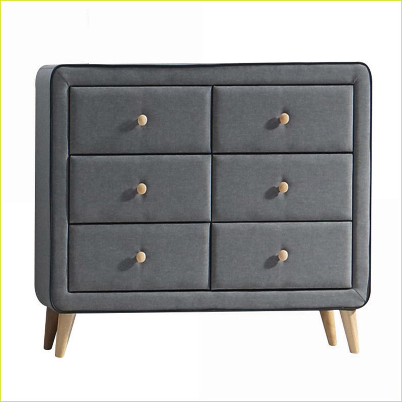 Dresser, Mid-Century 6-Drawer Double with Light Grey Upholstery | Light Grey | Wood+Fabric