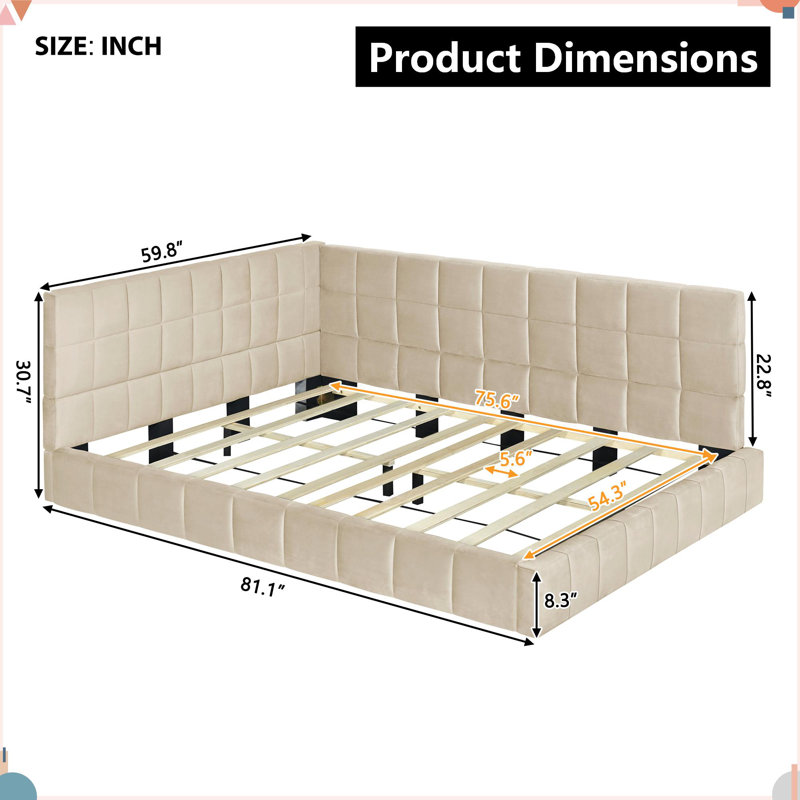 Structure de canapé-lit double en velours pleine grandeur de style moderne Mid-Century beige, Beige