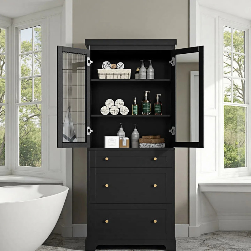 Modern Tall Bathroom Cabinet With 2 Soft Close Glass Doors,3 Drawers, 2 Adjustable Shelves, Black