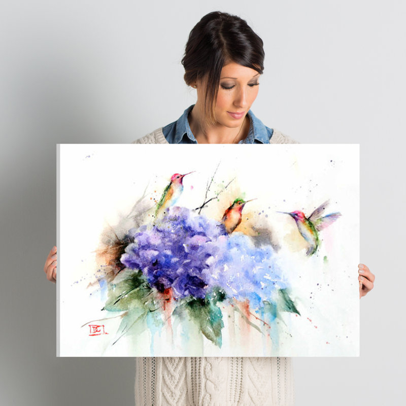 «Three Hummingbirds», peinture sur toile, H 8 po x l 12 po x P 0,75 po, Pas de tapis, Toile tendue