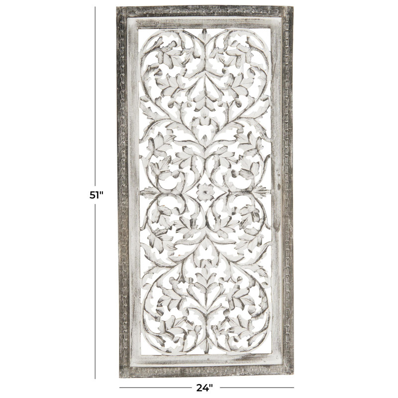 Gray Mango Wood Handmade Intricately Carved Floral Wall Panel