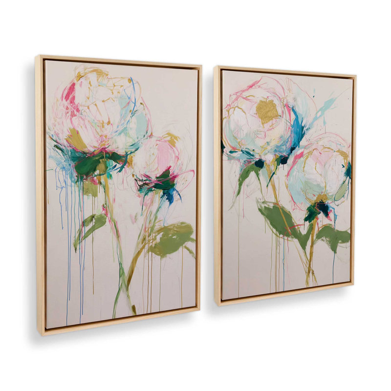Ensemble de 2 impressions de pivoines chuchotantes, 48 po x 32 po, Cadre flottant en érable américain