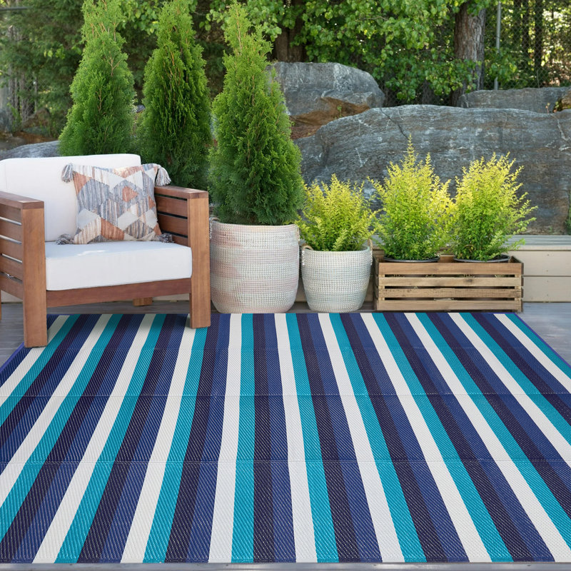 Tapis extérieur rayé bleu / blanc, Rectangle de 5 pi x 8 pi, Bleu/Blanc