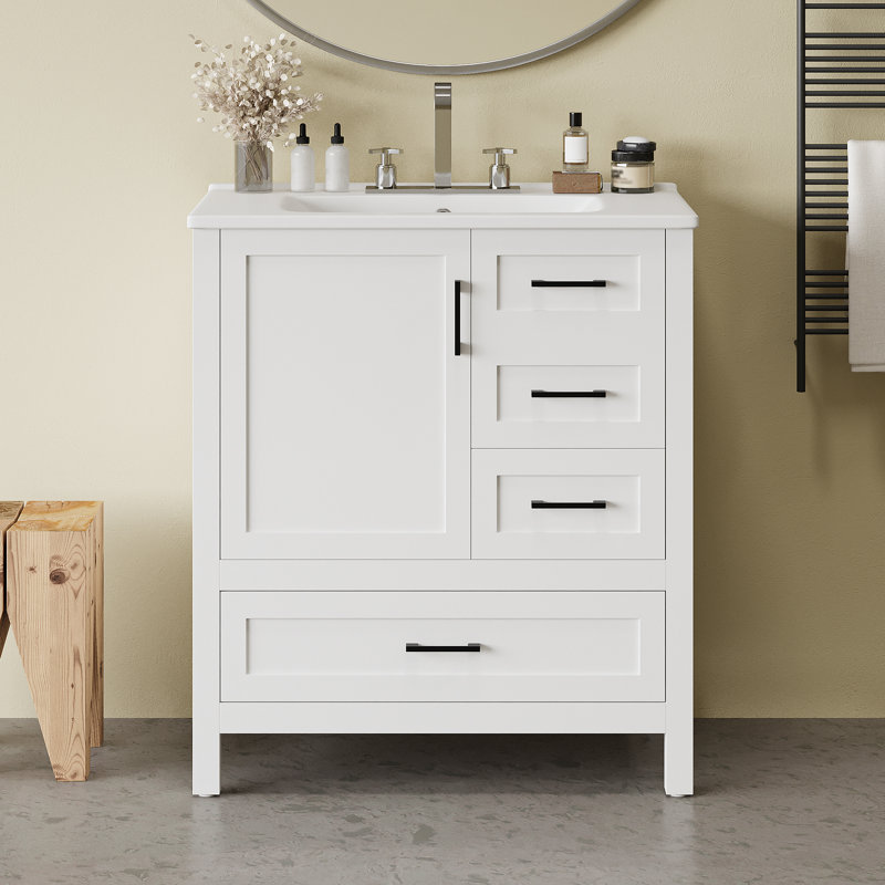 Meuble-lavabo simple 30 po avec comptoir en céramique, Blanc/Noir