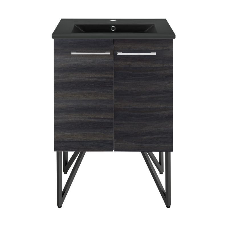 24 po Meuble-lavabo de salle de bain avec comptoir en céramique, Noir mat, Noyer noir, Monotrou